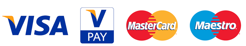 Loga pletebních karet Visa, V-PAY, Mastercard a Maestro